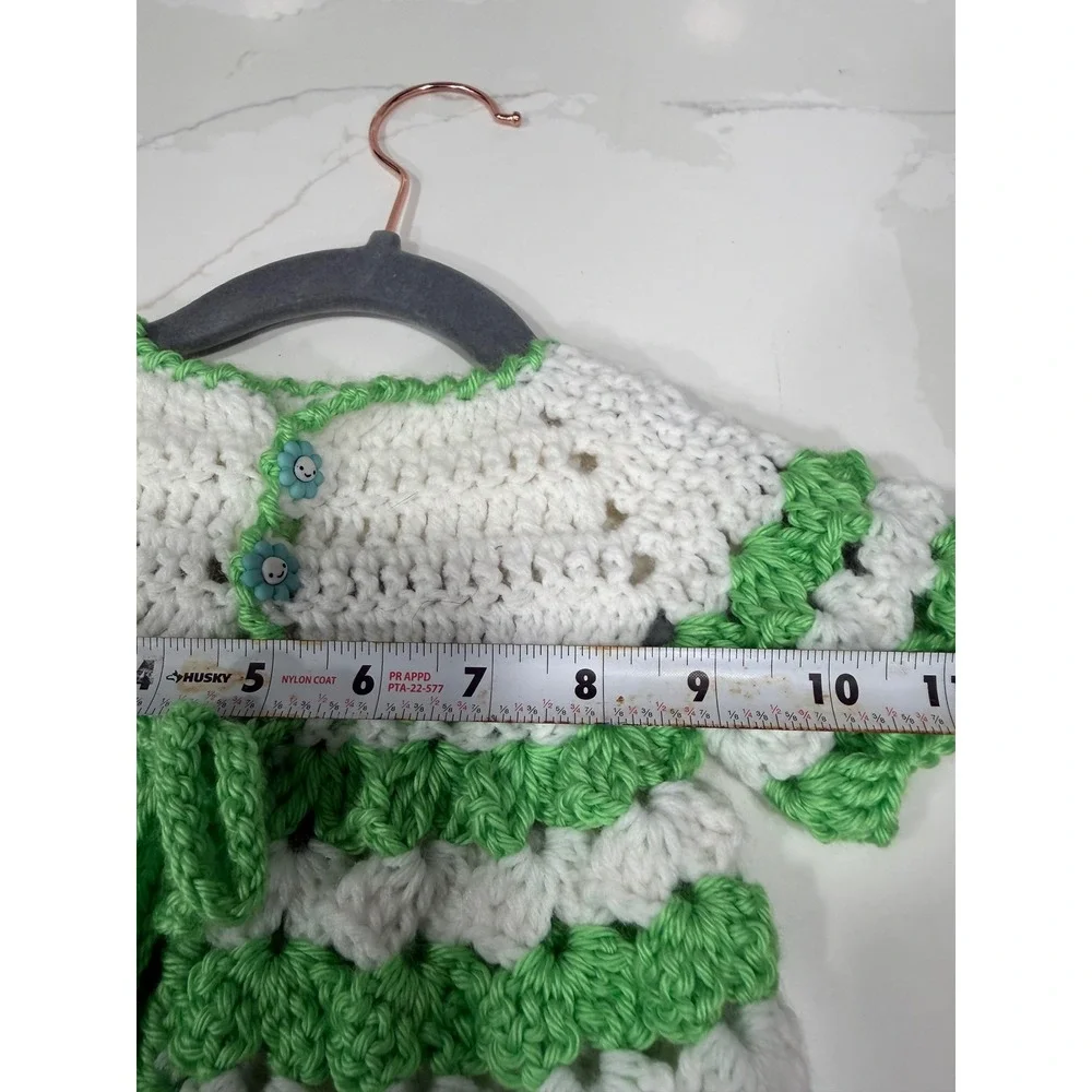 Handmade Crochet Baby Cardigan Green White Striped Flower Button Sweater Kids